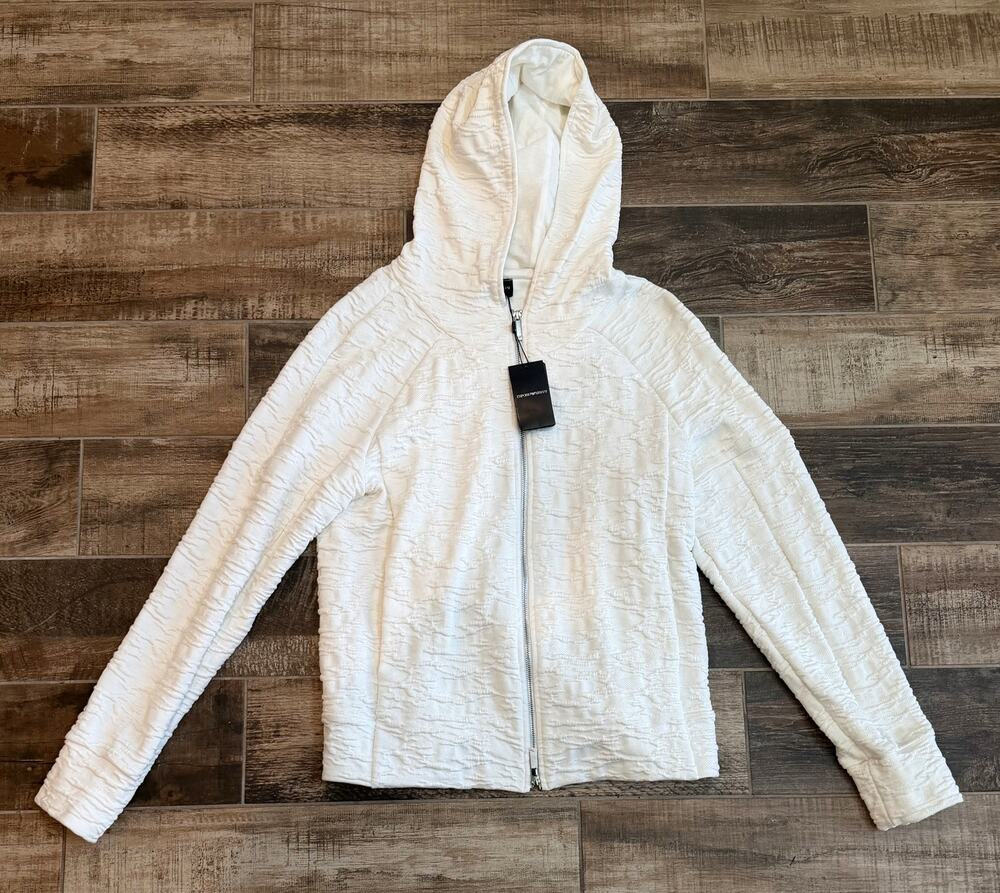 $850 NWT Emporio Armani Textured Hooded Zip Jacket White Blouson Men's L